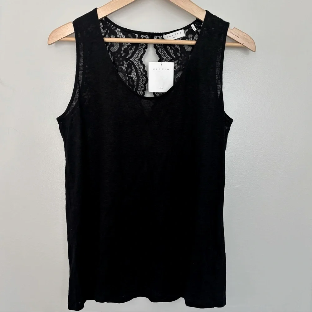 NWT Sandro Paris Black‎ Lace Tank Top Tango Noir Size Large - Picture 2 of 10